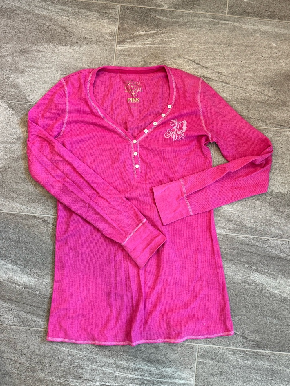 PINK Victoria's Secret Hot Pink Long Sleeve Sleep Shirt Henley Top Size L